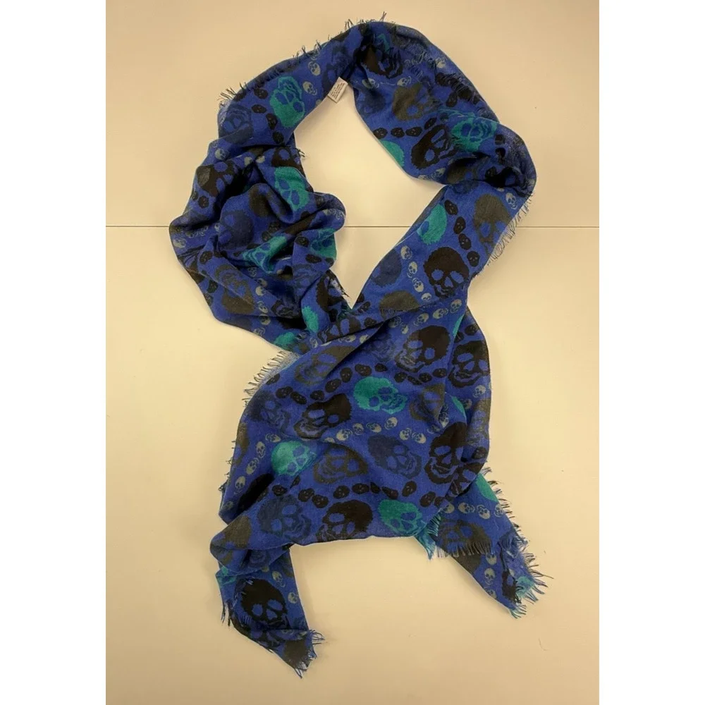 Target Womens Skull Scarf Blue Turquoise Black Oversized Wrap Shawl Fringe 38x27
